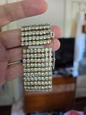 Stunning Vintage 1950s Wide Mesh 8 row Rhinestone Statement Bracelet Statement